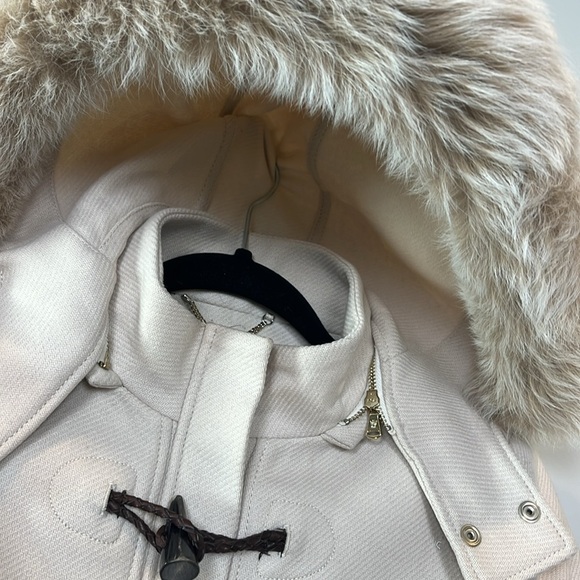 Massimo Dutti Wool Pea Coat Women's Size 4 Small Cream Fur Hood - Picture 7 of 11